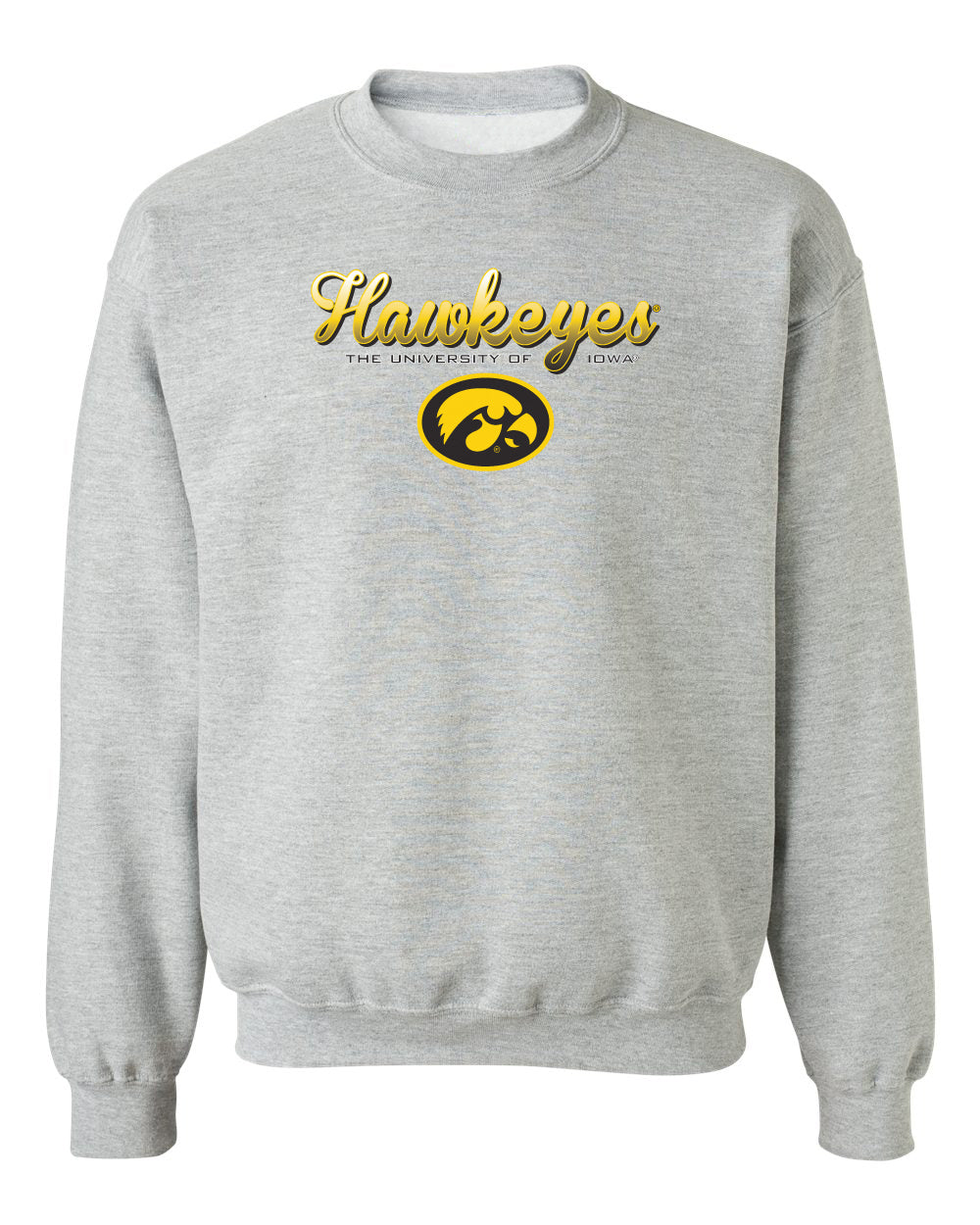 Iowa Hawkeyes Crewneck Sweatshirt - Script Hawkeyes Full Color Fade Oval Tigerhawk