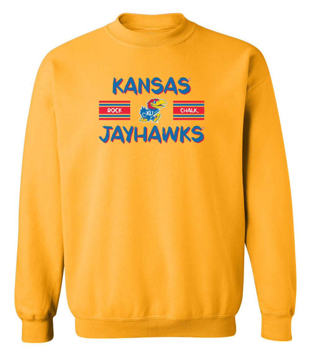 Kansas Jayhawks Crewneck Sweatshirt - Horiz Stripe Rock Chalk