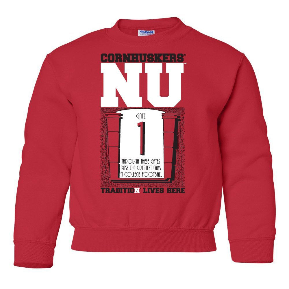 Nebraska Cornhuskers Football Tradition Lives Here "Gate 1" Youth Crewneck Sweatshirt