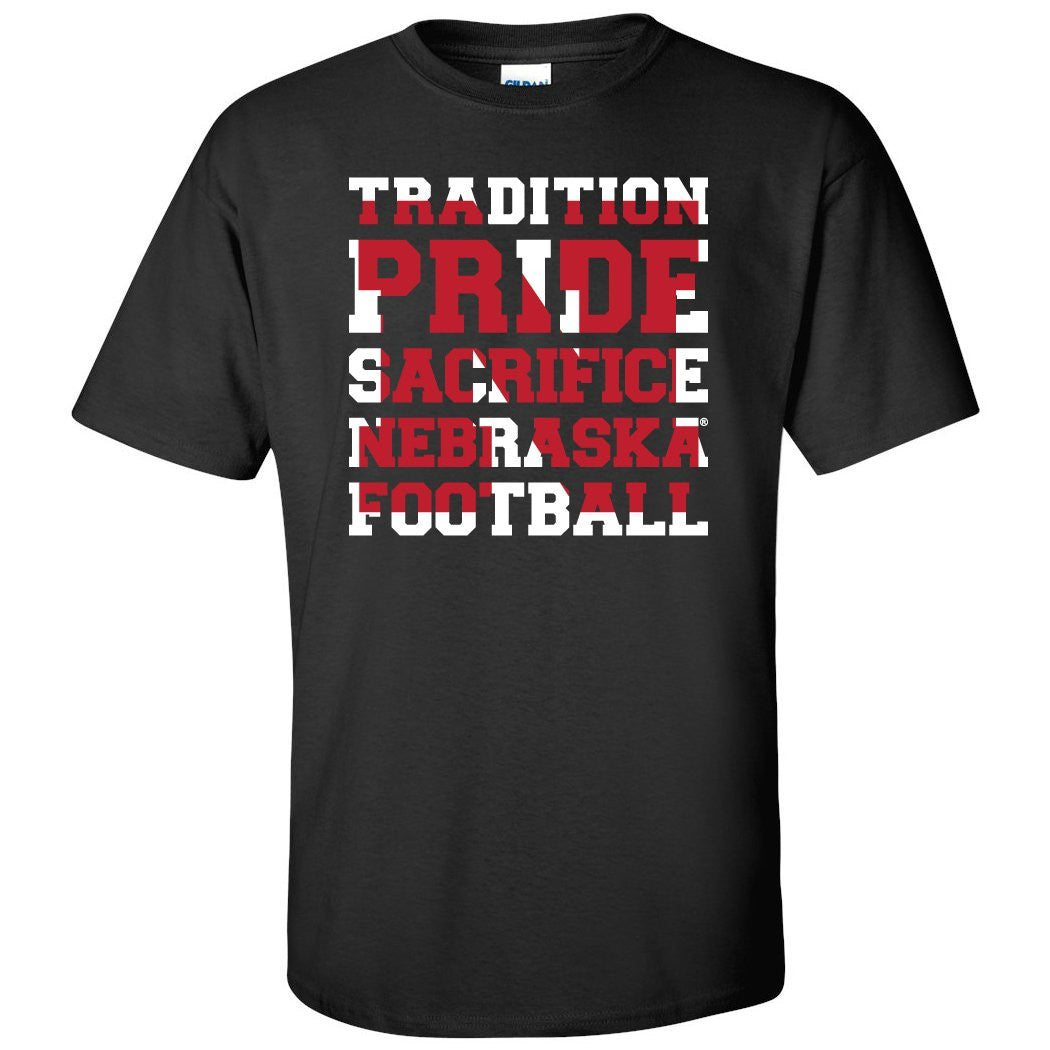 Nebraska Cornhuskers Football "TRADITION PRIDE SACRIFICE" Tee Shirt