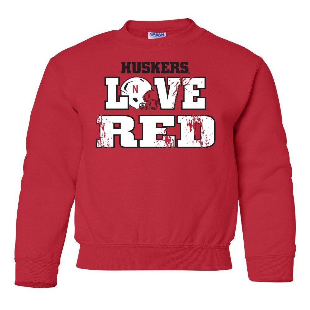 Nebraska Cornhuskers Football "LOVE RED" Helmet Youth Crewneck Sweatshirt