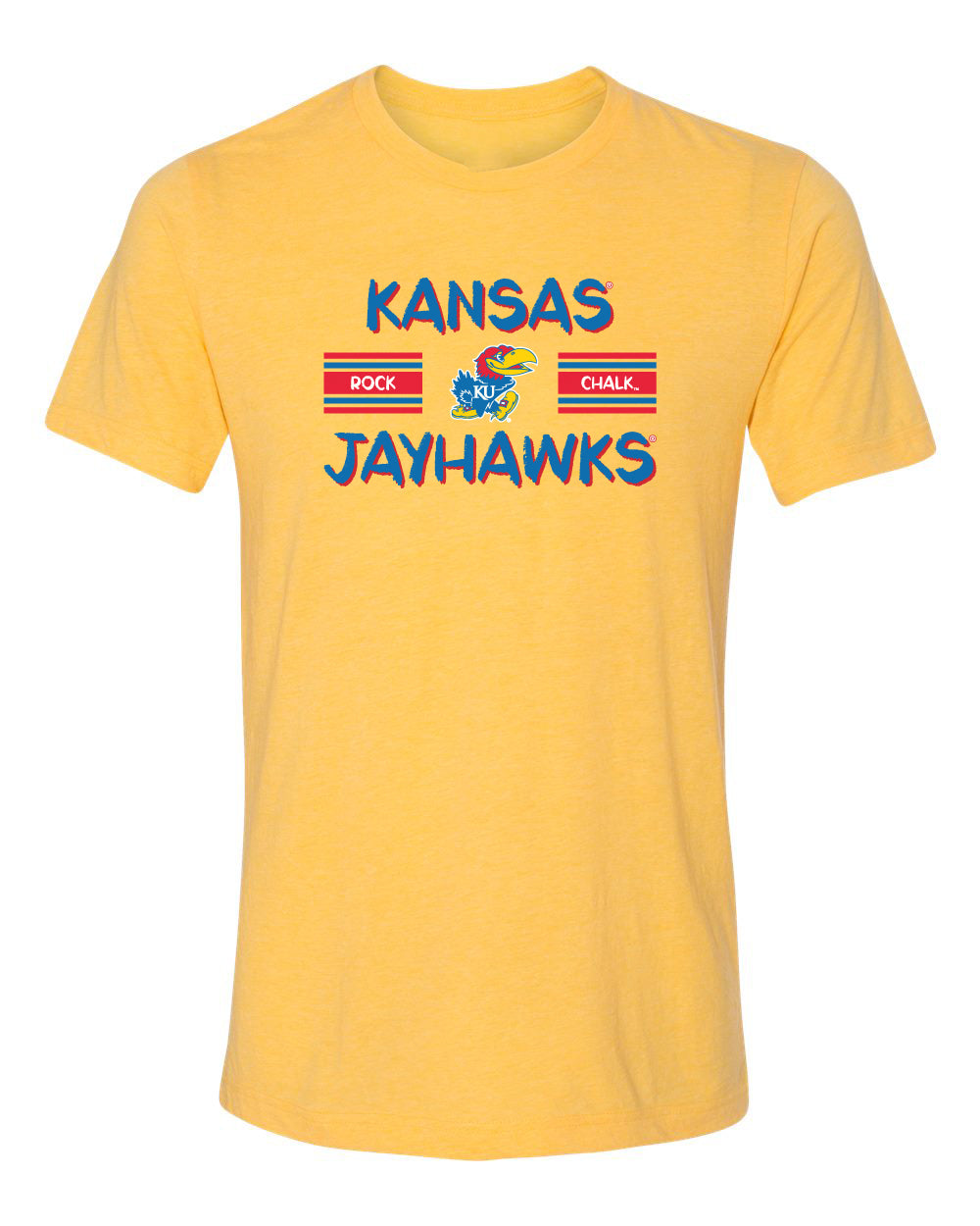 Kansas Jayhawks Premium Tri-Blend Tee Shirt - Horiz Stripe Rock Chalk