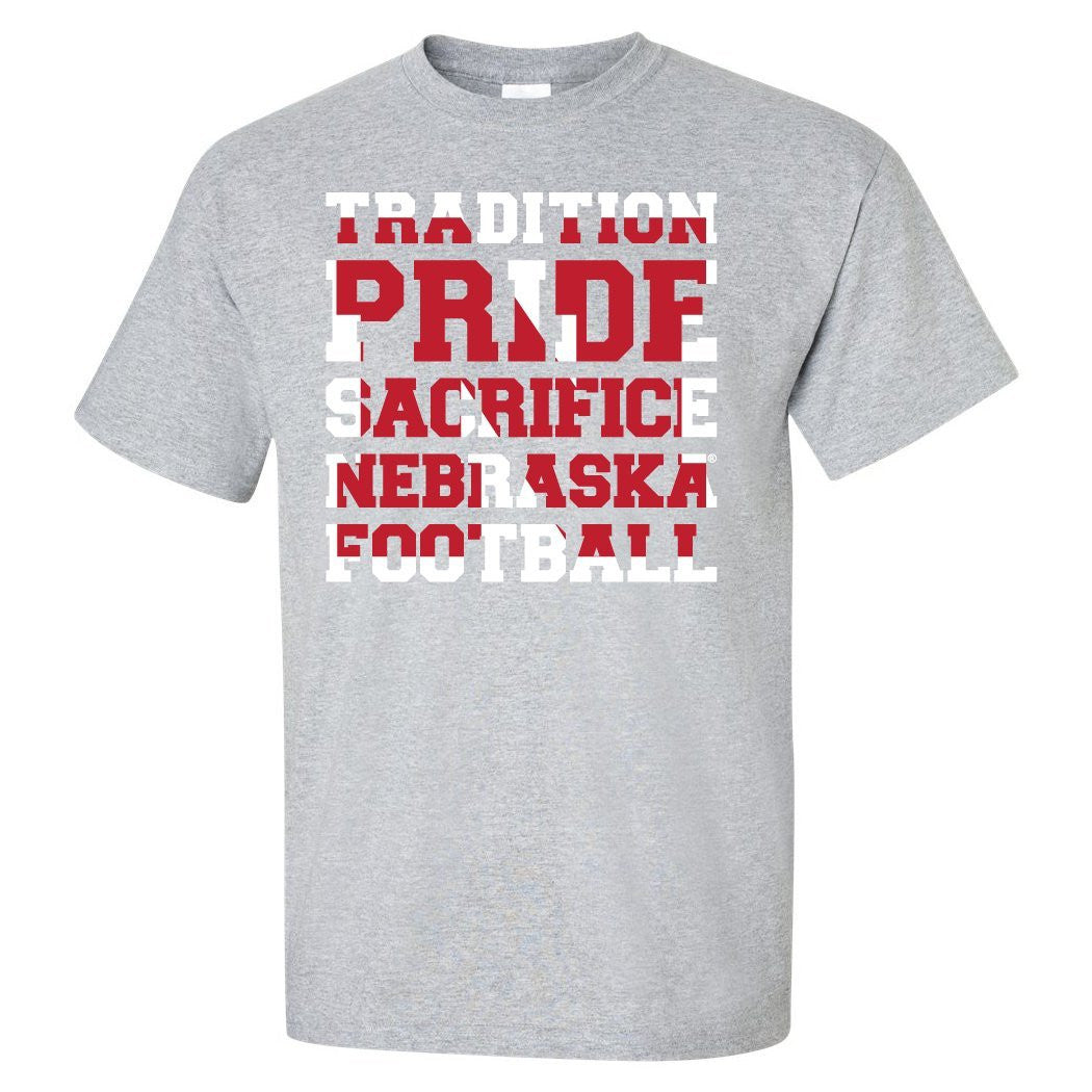 Nebraska Cornhuskers Football "TRADITION PRIDE SACRIFICE" Tee Shirt
