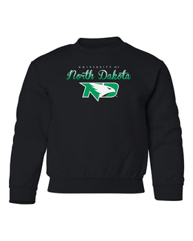 North Dakota Fighting Hawks Youth Crewneck Sweatshirt - Full Color Script Fade Primary Logo