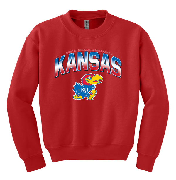 Kansas Jayhawks Youth Crewneck Sweatshirt - Full Color Fade Kansas Logo