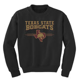 Texas State Bobcats Youth Crewneck Sweatshirt - 3 Stripe State Outline Logo