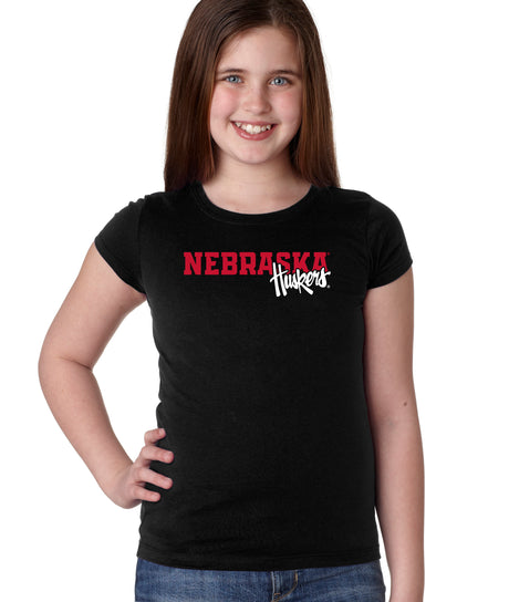 Nebraska Huskers Girls Tee Shirt - Script Huskers Overlap Nebraska