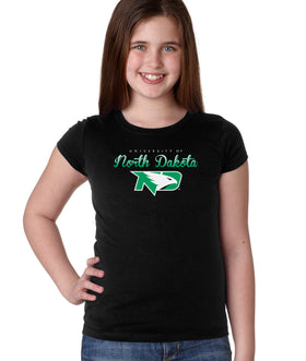 North Dakota Fighting Hawks Girls Tee Shirt - Full Color Script Fade Primary Logo