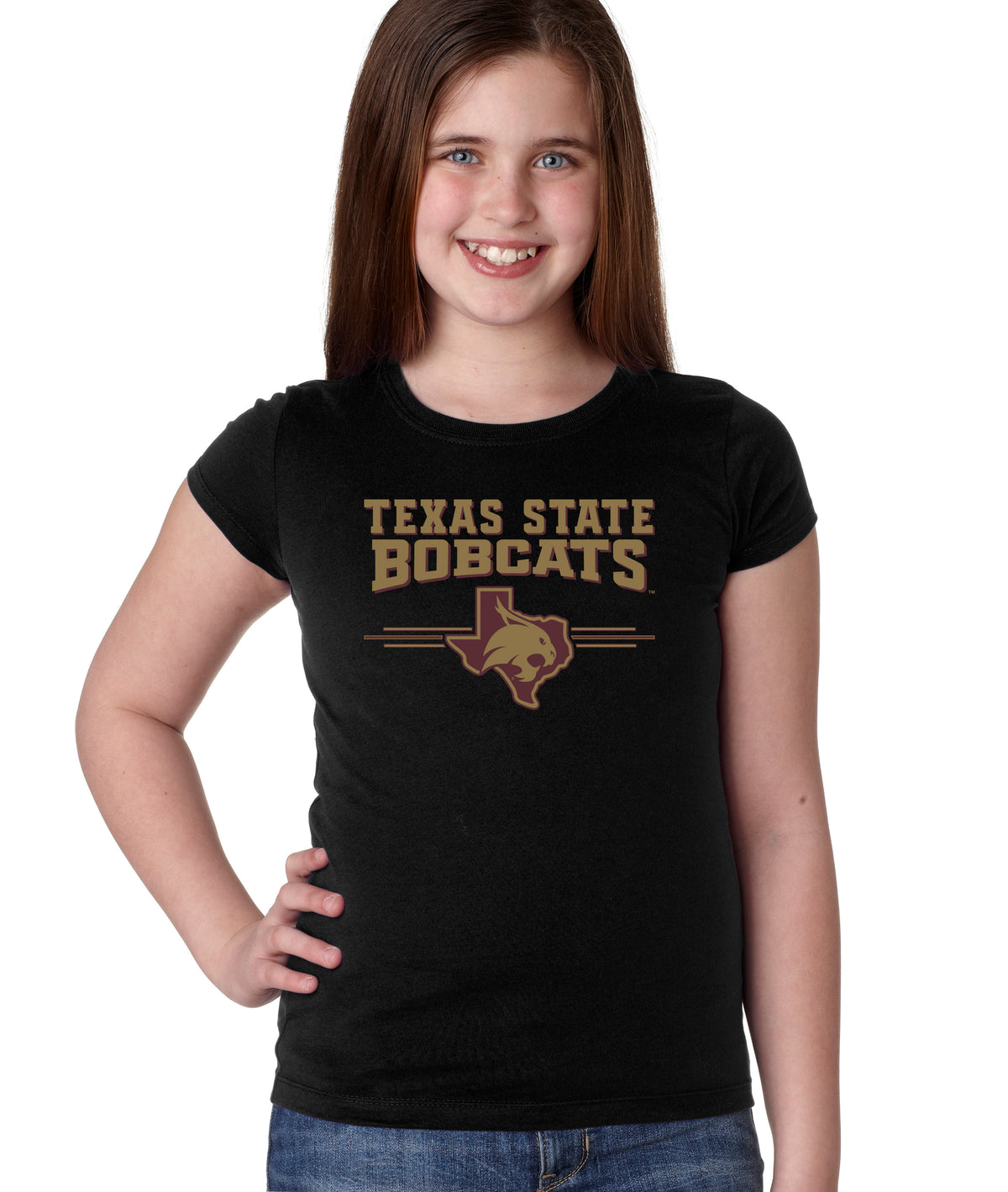 Texas State Bobcats Girls Tee Shirt - 3 Stripe State Outline Logo