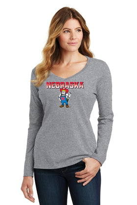 Women's Nebraska Huskers Long Sleeve V-Neck Tee Shirt - Full Color Nebraska Fade with Herbie Husker