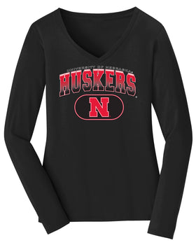 Women's Nebraska Huskers Long Sleeve V-Neck Tee Shirt - Full Color Huskers Fade with Block N