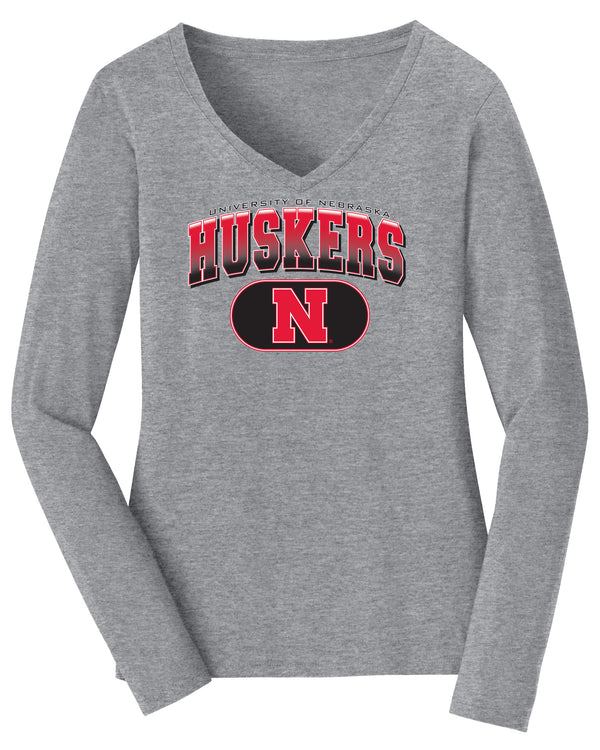 Women's Nebraska Huskers Long Sleeve V-Neck Tee Shirt - Full Color Huskers Fade with Block N