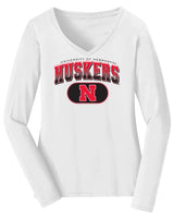 Women's Nebraska Huskers Long Sleeve V-Neck Tee Shirt - Full Color Huskers Fade with Block N