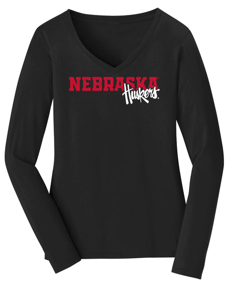 Women's Nebraska Huskers Long Sleeve V-Neck Tee Shirt - Script Huskers Overlap Nebraska