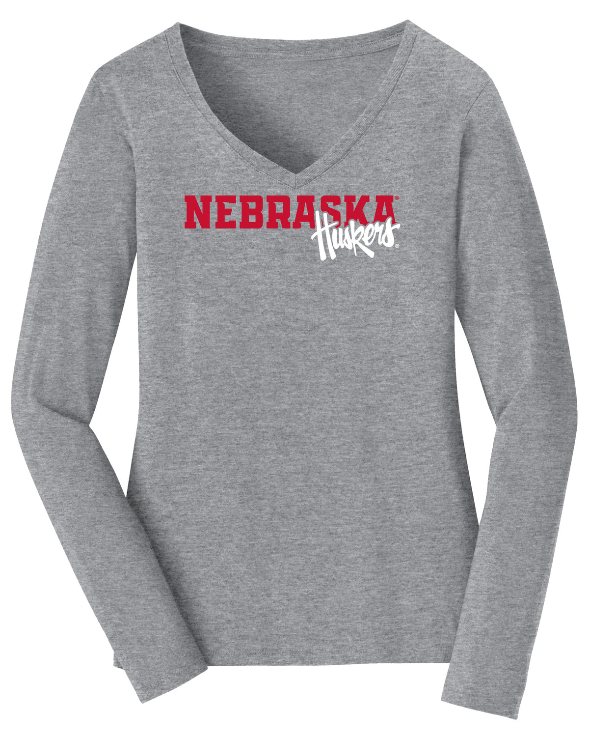 Women's Nebraska Huskers Long Sleeve V-Neck Tee Shirt - Script Huskers Overlap Nebraska
