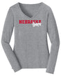 Women's Nebraska Huskers Long Sleeve V-Neck Tee Shirt - Script Huskers Overlap Nebraska