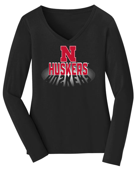 Women's Nebraska Huskers Long Sleeve V-Neck Tee Shirt - 3D Huskers Spotlight Shadow