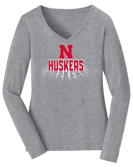 Women's Nebraska Huskers Long Sleeve V-Neck Tee Shirt - 3D Huskers Spotlight Shadow
