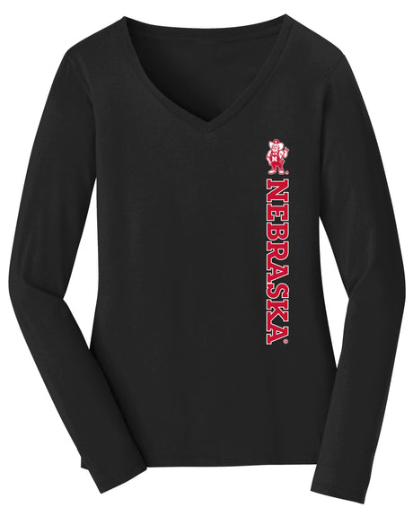 Women's Nebraska Huskers Long Sleeve V-Neck Tee Shirt - Vertical Nebraska Herbie Husker
