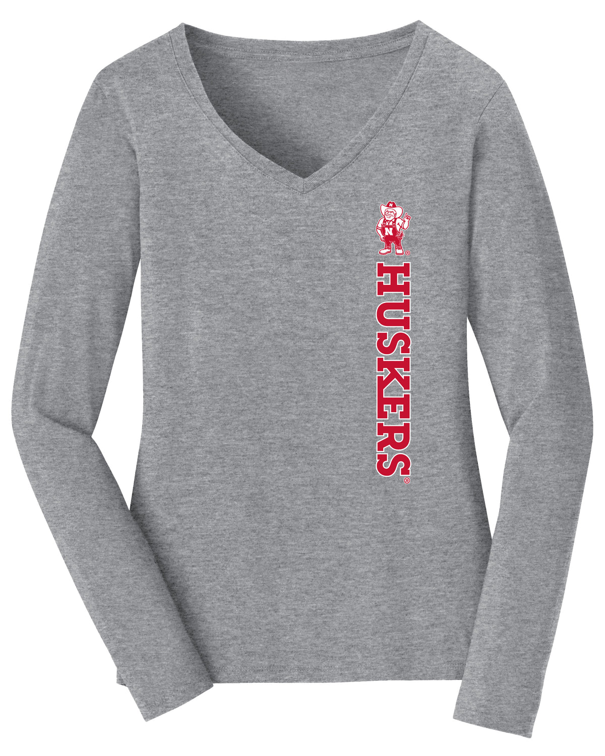 Women's Nebraska Huskers Long Sleeve V-Neck Tee Shirt - Vertical Huskers Herbie Husker