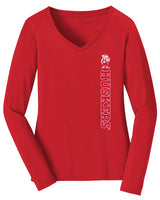 Women's Nebraska Huskers Long Sleeve V-Neck Tee Shirt - Vertical Huskers Herbie Husker