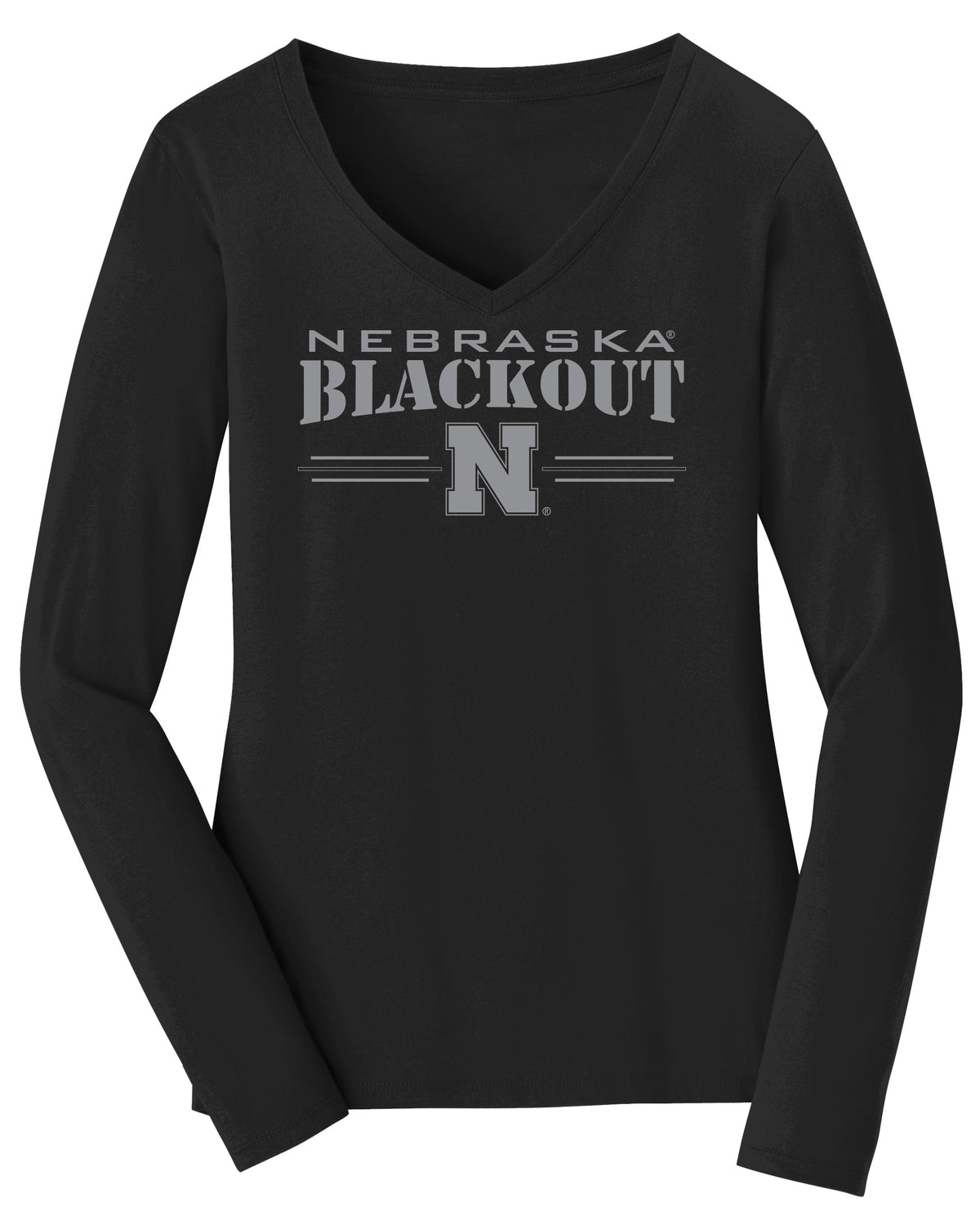 Women's Nebraska Huskers Long Sleeve V-Neck Tee Shirt - Nebraska Blackout Block N