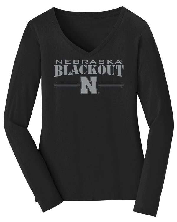 Women's Nebraska Huskers Long Sleeve V-Neck Tee Shirt - Nebraska Blackout Block N