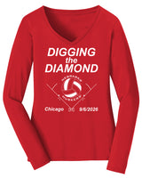 Women's Nebraska Huskers Long Sleeve V-Neck Tee Shirt - Nebraska Volleyball Digging the Diamond