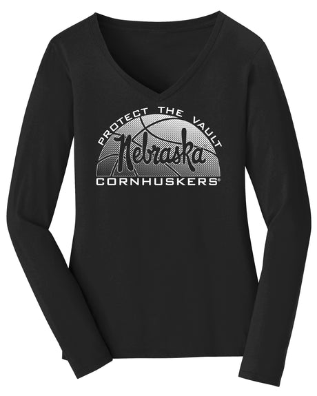 Women's Nebraska Huskers Long Sleeve V-Neck Tee Shirt - Script Nebraska Basketball