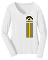 Women's Iowa Hawkeyes Long Sleeve V-Neck Tee Shirt - Vert Stripe with Tigerhawk