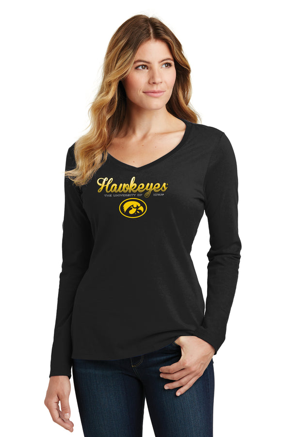 Women's Iowa Hawkeyes Long Sleeve V-Neck Tee Shirt - Script Hawkeyes Full Color Fade Oval Tigerhawk