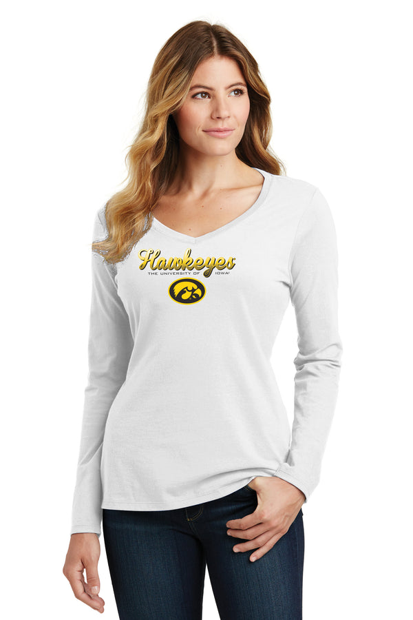 Women's Iowa Hawkeyes Long Sleeve V-Neck Tee Shirt - Script Hawkeyes Full Color Fade Oval Tigerhawk