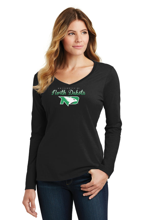 Women's North Dakota Fighting Hawks Long Sleeve V-Neck Tee Shirt - Full Color Script Fade Primary Logo