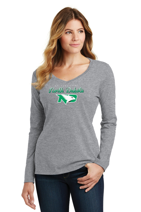 Women's North Dakota Fighting Hawks Long Sleeve V-Neck Tee Shirt - Full Color Script Fade Primary Logo