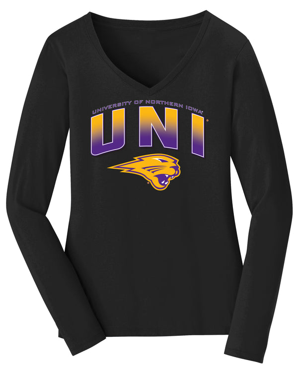 Women's Northern Iowa Panthers Long Sleeve V-Neck Tee Shirt - UNI Full Color Fade Primary Logo