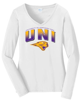 Women's Northern Iowa Panthers Long Sleeve V-Neck Tee Shirt - UNI Full Color Fade Primary Logo