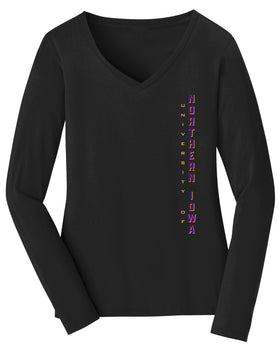 Women's Northern Iowa Panthers Long Sleeve V-Neck Tee Shirt - Vertical University of Northern Iowa
