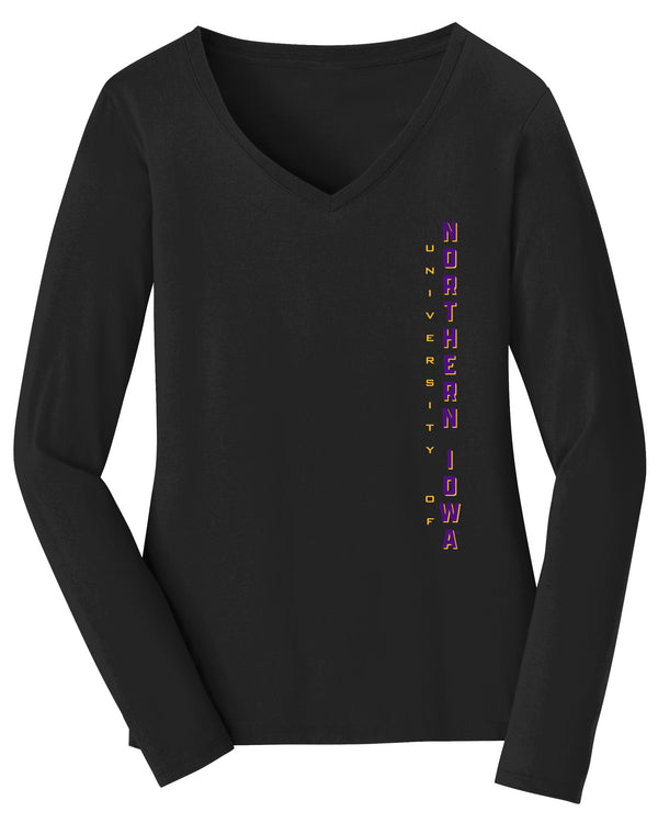 Women's Northern Iowa Panthers Long Sleeve V-Neck Tee Shirt - Vertical University of Northern Iowa