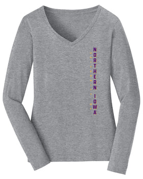 Women's Northern Iowa Panthers Long Sleeve V-Neck Tee Shirt - Vertical University of Northern Iowa