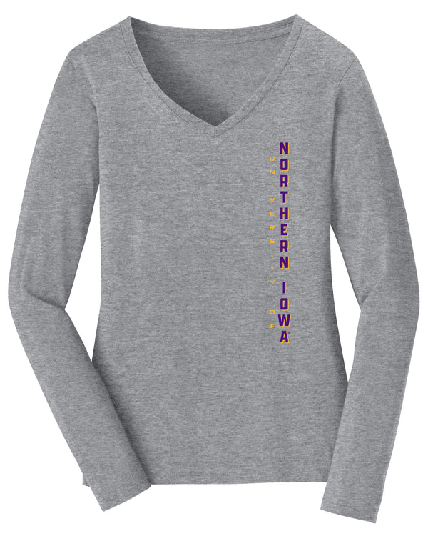 Women's Northern Iowa Panthers Long Sleeve V-Neck Tee Shirt - Vertical University of Northern Iowa