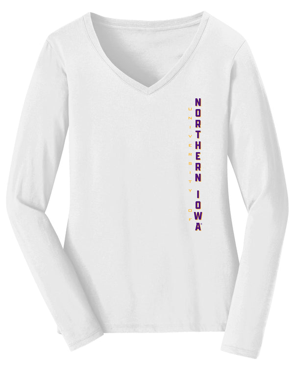 Women's Northern Iowa Panthers Long Sleeve V-Neck Tee Shirt - Vertical University of Northern Iowa