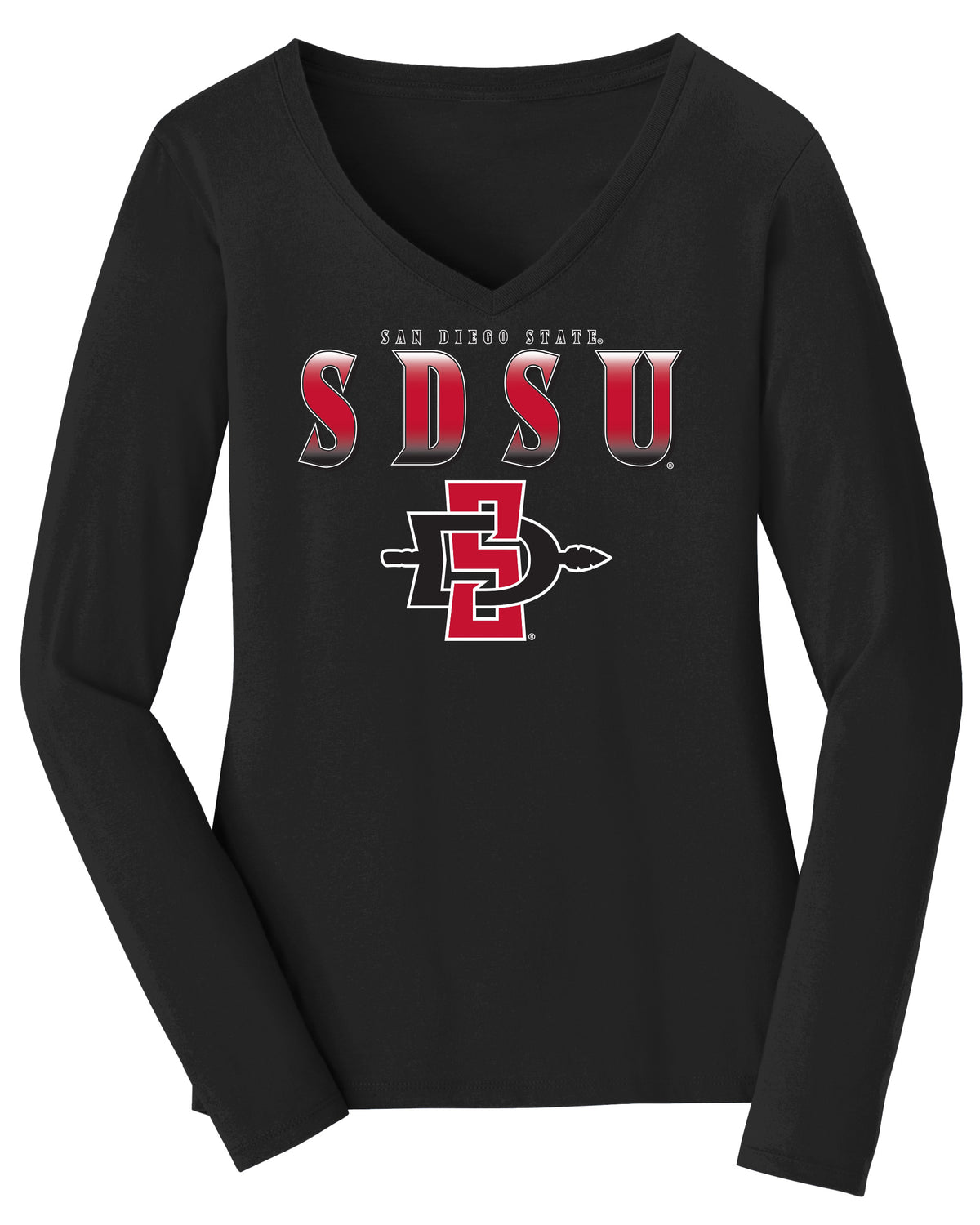 Women's San Diego State Aztecs Long Sleeve V-Neck Tee Shirt - SDSU Full Color Fade Aztecs Logo
