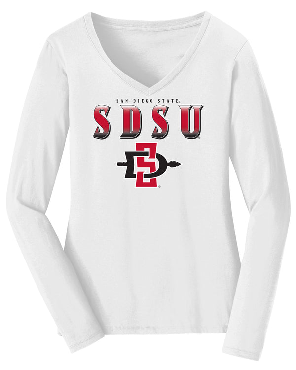 Women's San Diego State Aztecs Long Sleeve V-Neck Tee Shirt - SDSU Full Color Fade Aztecs Logo