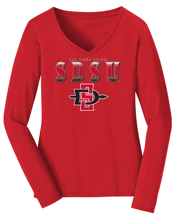 Women's San Diego State Aztecs Long Sleeve V-Neck Tee Shirt - SDSU Full Color Fade Aztecs Logo