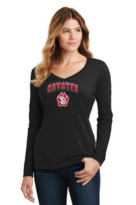 Women's South Dakota Coyotes Long Sleeve V-Neck Tee Shirt - Coyotes Full Color Fade Primary Logo