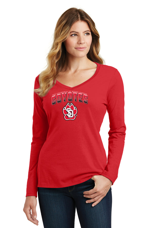 Women's South Dakota Coyotes Long Sleeve V-Neck Tee Shirt - Coyotes Full Color Fade Primary Logo