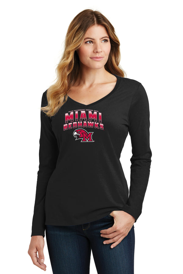 Women's Miami University RedHawks Long Sleeve V-Neck Tee Shirt - Miami RedHawks Full Color Fade Hawk M Logo