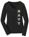 Women's Navy Midshipmen Long Sleeve V-Neck Tee Shirt - USNA Vertical Navy