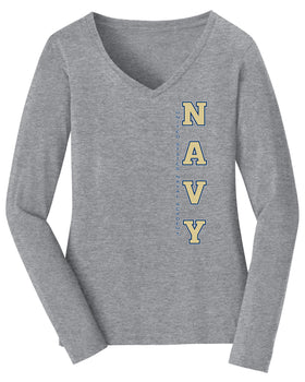 Women's Navy Midshipmen Long Sleeve V-Neck Tee Shirt - USNA Vertical Navy