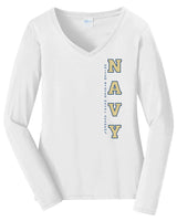 Women's Navy Midshipmen Long Sleeve V-Neck Tee Shirt - USNA Vertical Navy